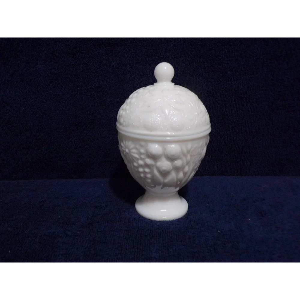 Vintage Avon 1960's Covered White Milk Glass Candy Dish Fruit Pattern 6.5
